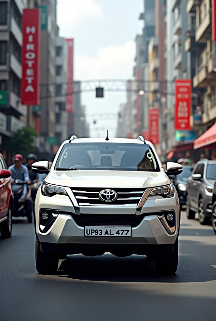 a white fortuner of UP93AL4777 on a crowdy street realistic image