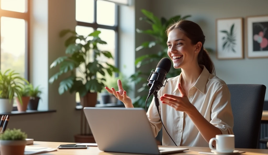 girl doing podcast in beautuful offuce