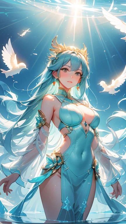 Highest quality,Scenery of white bird feathers falling,raise,Breathtaking, Ultra-Realistic Images, Create surreal images of futuristic lそしてscapes, Set for daytime. The scene is、In the vastness, A wide horizon bathed in sunlight. Including towering, Crystal structure glowing in the bright sun, Reflects そして refracts light in fascinating ways. These buildings are surrounded by greenery., Luminescent plants, Glows softly even in the daytime, Create a surreal space, Otherworldly atmosphere. The sky is bright blue、Magic circle connected to another dimension