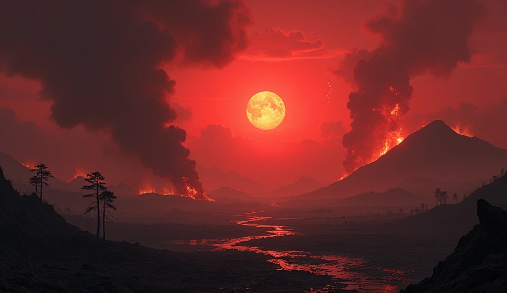 Un paysage apocalyptique s'étend à perte de vue, où le ciel est d'un rouge sombre, saturé de cendres et de poussière. Le soleil, autrefois brillant, n'est plus qu'une lueur rougeâtre, à peine visible à travers les nuages épais qui étouffent la lumière du jour. Des éclairs zèbrent constamment le ciel, mais leur éclat est effacé par l'obscurité omniprésente, plongeant la terre dans une pénombre perpétuelle.
Le sol est craquelé, brisé en d'innombrables morceaux par des tremblements de terre incessants. D'immenses crevasses traversent le paysage, s'ouvrant comme des bouches affamées prêtes à avaler tout ce qui s'approche. Des bâtiments autrefois majestueux gisent en ruines, leurs structures effondrées et leurs façades défigurées par le temps et les catastrophes. Des villes entières ne sont plus que des champs de débris, où des morceaux de béton, d'acier tordu et de verre brisé s'entassent en un chaos indescriptible.
Au milieu de ce décor de désolation, d'énormes colonnes de feu jaillissent du sol, des flammes infernales dévorant ce qui reste de la végétation. Les arbres, calcinés et réduits à des squelettes de bois noirci, se dressent comme des spectres dans ce paysage maudit. Les rivières et les lacs ont été remplacés par des fleuves de lave, leur chaleur suffocante remplissant l'air d'une odeur de soufre et de brûlé.
Des vents hurlants balayent la terre, soulevant des nuées de cendres qui obscurcissent encore plus l'horizon. Dans le lointain, les silhouettes de montagnes s'effondrent sous leur propre poids, déclenchant des avalanches de roche et de poussière. Des volcans en éruption ponctuent l'horizon de leurs panaches de fumée noire et de lave incandescente, comme autant de cicatrices sur une terre mourante.
