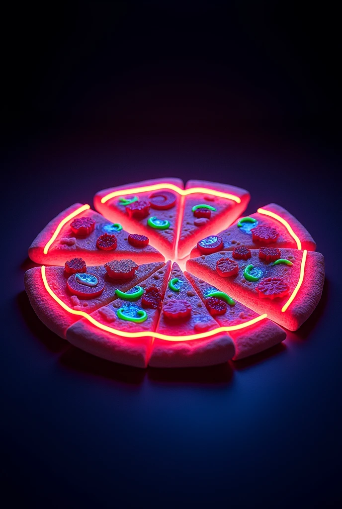 Fluroscent pizza thts funky and vibrant with black background.  Not creepy dont personify it. Should be appetizing 