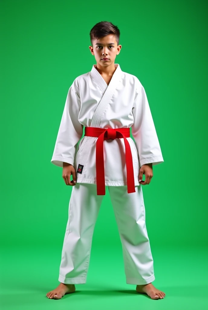Full size A karate boy in karate uniform in white dress and red belt standing in straight Stance towards the screen and the background is green
