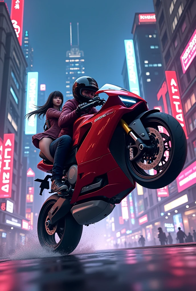 Ducati panigale v4r with wheelie boy (anime) is riding and a girl (anime) is sitting behind him realistic neon light in cyberpunk city cinematic in background "ALTIZA" is written in bold text