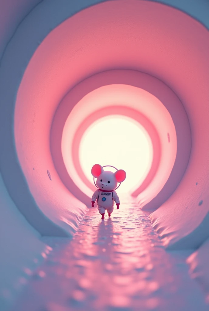 Surreal,The spiral vortex continues all the way to the depths,Gradually getting smaller,Gradation,Warm Neon,Spot Flash、Wrapped in a beautiful mist,Cute Pixar-style deformed mouse running,Spacesuit,White wall,Soft glow
