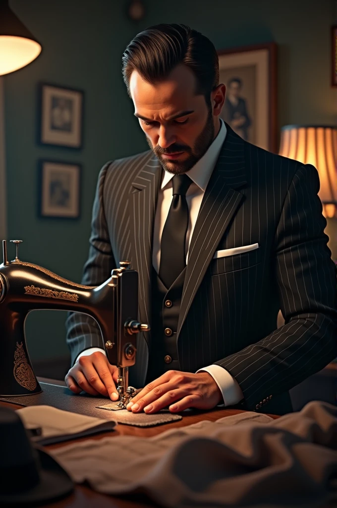 a man is sewing clothes wearing mafia clothes