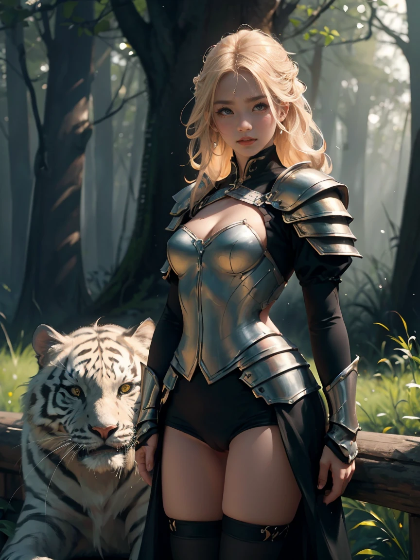 A beautiful and alluring warrior with flowing blonde hair stands confidently beside a majestic white tiger. Her radiant smile and intense gaze captivate all who behold her, embodying a sense of strength and sophistication. The intricate details of her armor and weaponry showcase her skill and elegance. Surrounding them, a lush and vibrant forest serves as the backdrop, with rays of sunlight filtering through the dense canopy, casting a gentle glow on the scene. The atmosphere is charged with a sense of adventure and mystery, with the distant sound of wildlife echoing through the air. This awe-inspiring image would be captured in a high-resolution photograph, allowing every intricate detail to be visible, while accentuating the vibrant colors and textures. The final piece would be reminiscent of a Renaissance painting, combining classical artistry with a modern twist.(Incredibly Detailed:1.1),(Incredibly cinematic:1.1),(High detail model:1.1),(Incredibly Realistic Tones:1.1),(Deep sharpness:1.1),(Incredibly realistic:1.1),(Image 32k:1.3),(Detailed middle ground:1.1),(Detailed background:1.1),(Fine detail:1.1),(Photo RAW:1.1),(Incredible Masterpiece:1.1),(Incredibly Detailed Face:1.1),expression of ecstasy,Sexy,erotic,(((NFSW,pussy))),,(((NFSW,pussy))),