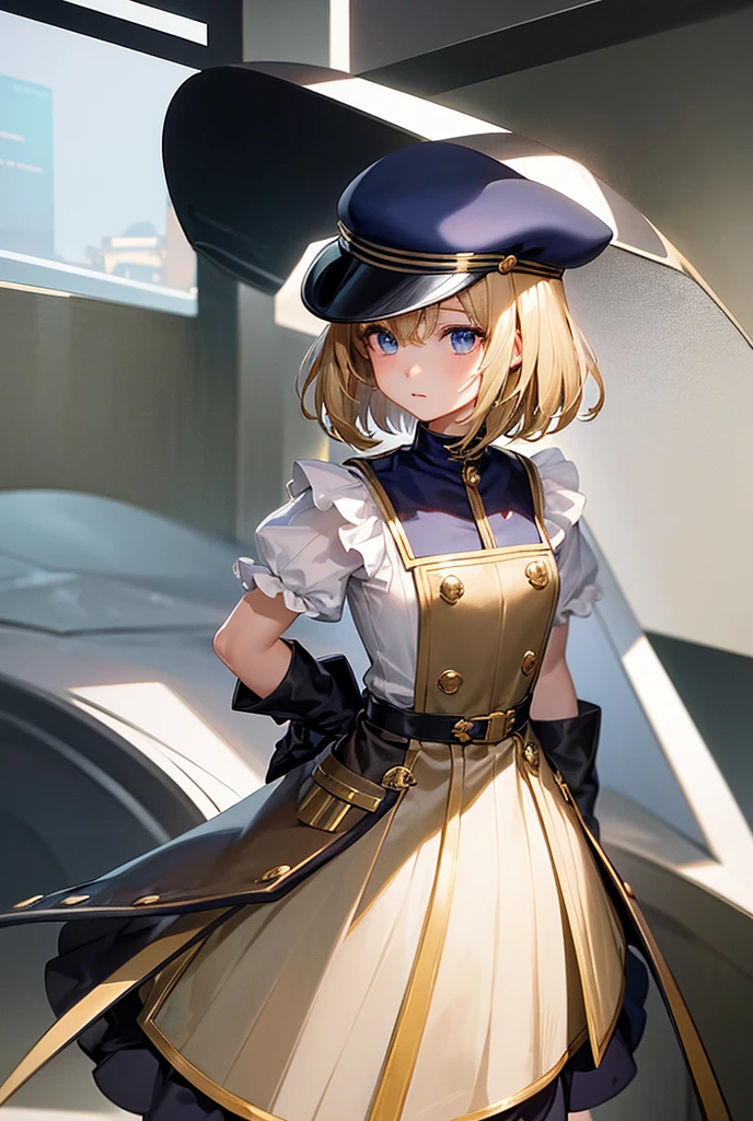 (Highest quality)、masterpiece、Popular on pixiv、Wearing a uniform, hat and gloves、Anime Girls, The finer details、(arms behind back)、(Bobcut)、(Blonde)、Girls' Frontline, from Girls' Frontline, Cute girl anime visuals, Ayaka Genshin Impact, Girls' Frontline style, Key Anime Art, Half Yamada, Girls' Frontline universe, Girls' Frontline, Hajime Yatate, Girls' Frontline cg, Shu, Kagamine Rin