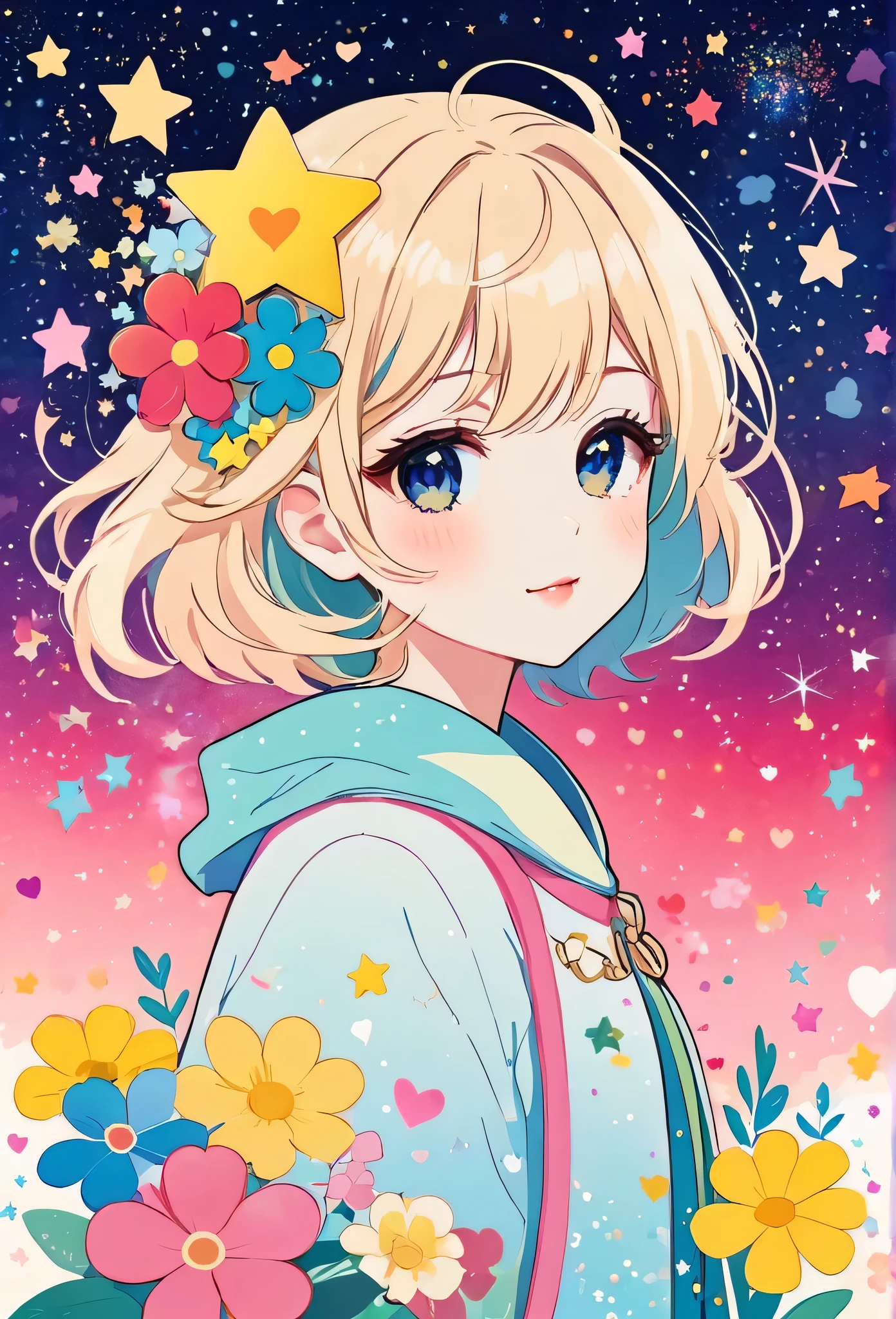 Mika Pikazo style, Simple Line Initialism，Abstract art，Kawaii Design, The most beautiful girl of all time、chibi, The background is star dust, colorful hearts, colorful flowers, 