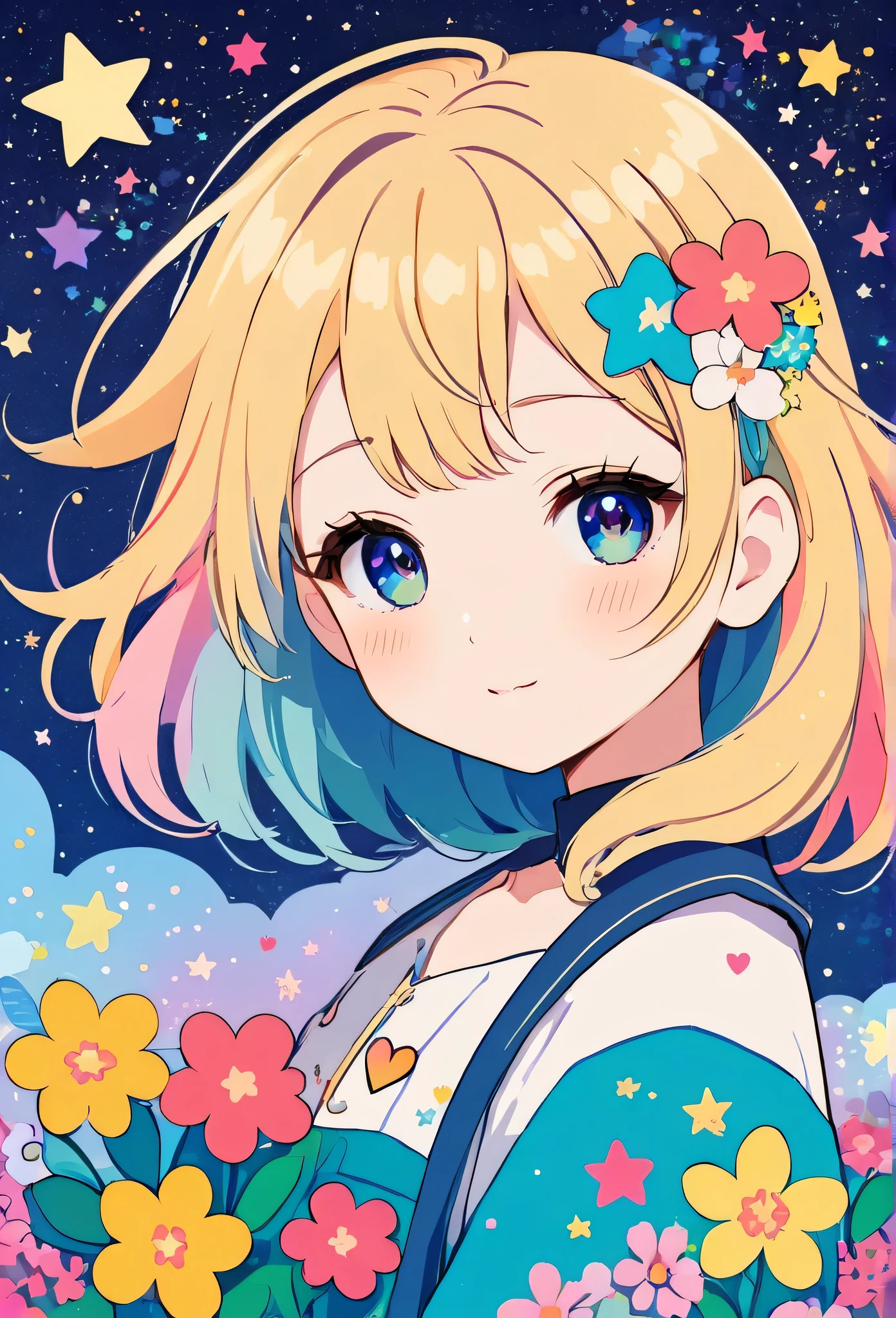 Mika Pikazo style, Simple Line Initialism,Abstract art,Kawaii Design, The most beautiful girl of all time、chibi, The background is star dust, colorful hearts, colorful flowers,