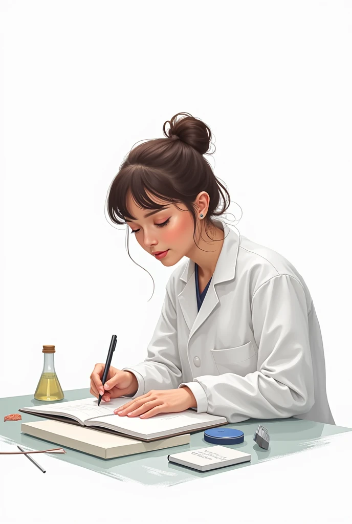 2d drawing with a white background of a scientist taking notes on a sample