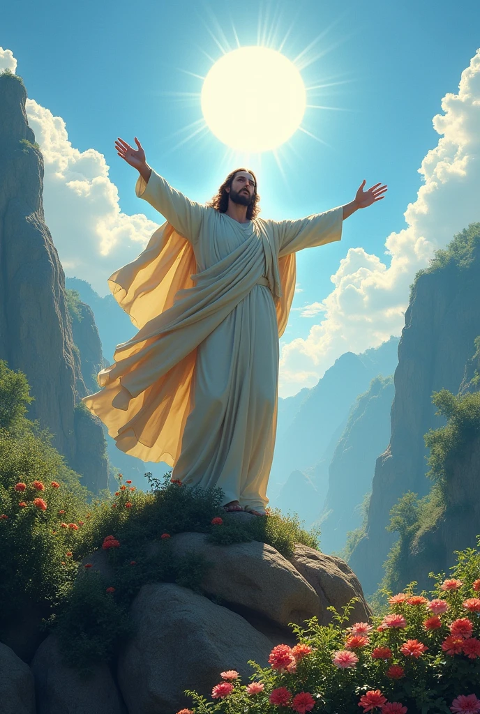 Our Lord Jesus Christ Catholic Roman wins, triumphs against all types of evil like socialism and all enemies of humanity, light, blue sky, white sun, green and flowery mountains