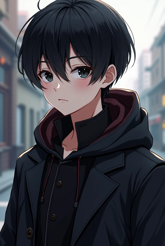 A kid, boy, handsome, black hair, short hair, mullet, black eyes, upturned eyes, expressionless, black jacket, anime, first-person view, masterpiece, anatomically correct, high details, highres, best quality, super detail  Wear a cool hoodie.