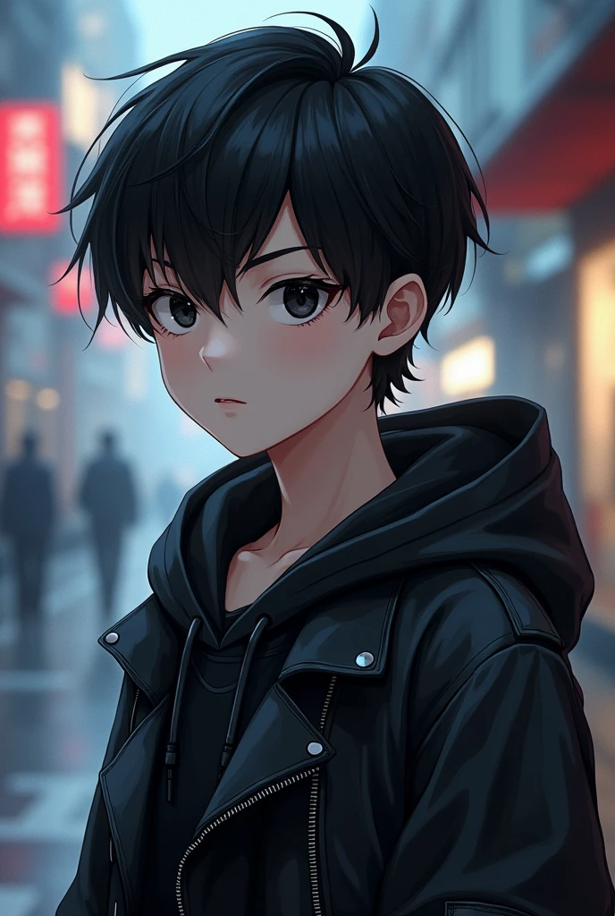 A , boy, handsome, black hair, short hair, mullet, black eyes, upturned eyes, expressionless, black jacket, anime, first-person view, masterpiece, anatomically correct, high details, highres, best quality, super detail Wear a cool hoodie.