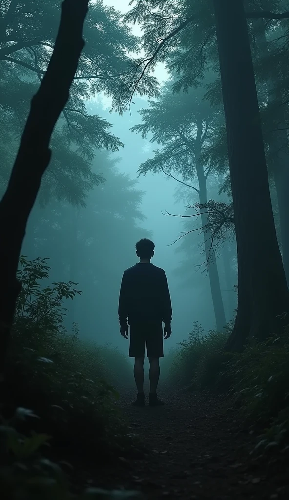 (Masterpiece:1.2,Highest quality,Ultra high resolution,very detailed,realistic,Ultra high resolution,8ก,Wallpaper,(Taking photos in the grave),(The image shows a young man standing with his back turned looking at something mysterious in front of him.),Covered by dense forest,Camera angle of Pogal behind the young man,dark,Thailand,Quiet and scary,horror