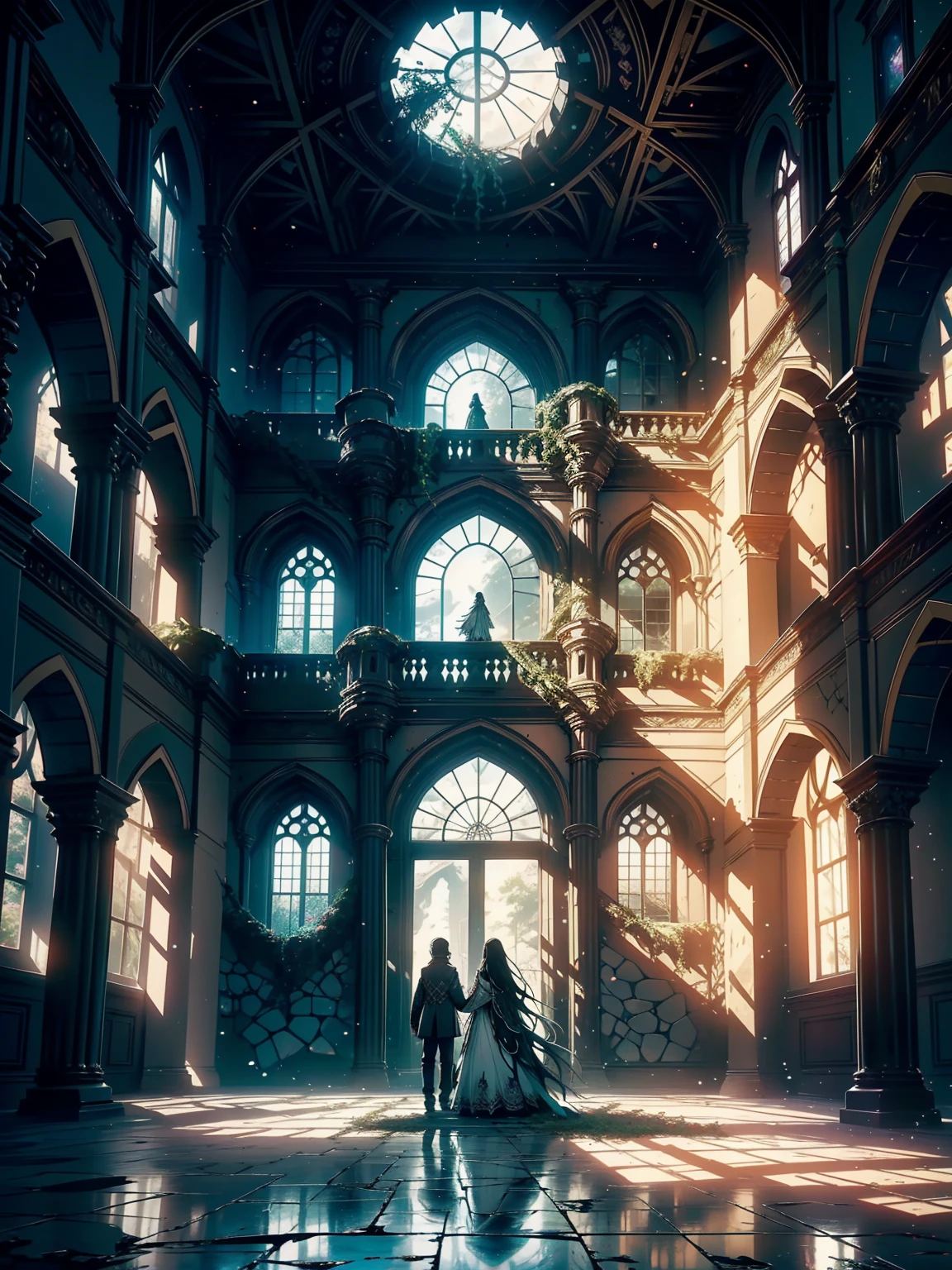 An interior view of a sprawling, abandoned castle reveals a majestic yet decaying environment. The grand halls and crumbling corridors are adorned with intricate stonework, broken stained glass windows, and weathered tapestries. The once-imposing architecture now shows signs of age and neglect, with collapsed arches, peeling paint, and overgrown vines that weave through the castle’s structure.
The castle’s opulence is still evident despite its ruin. Ornate archways, grand chandeliers, and elaborate stone carvings hint at its former glory. The vast, empty chambers are filled with a mix of shadow and faded light, creating a hauntingly beautiful atmosphere.
The interior is illuminated by a vibrant, surreal light that filters through a multitude of kaleidoscope windows and openings in the castle’s walls and ceilings. These windows feature an array of colorful kaleidoscope patterns, creating a dazzling display of shifting colors and geometric shapes. The kaleidoscope effect is abundant, with numerous windows scattered throughout the castle, each adding its own unique splash of color and intricate design to the scene.
The kaleidoscope windows cast a vivid, enchanting light across the ruins, transforming the dark, abandoned castle into a fantastical realm. The interplay of hues from the kaleidoscope patterns brightens the dim, shadowy spaces, creating a mesmerizing and magical effect. This vibrant light, combined with the castle’s ancient and crumbling beauty, enhances the atmosphere, making the ruined castle feel both mystical and otherworldly.