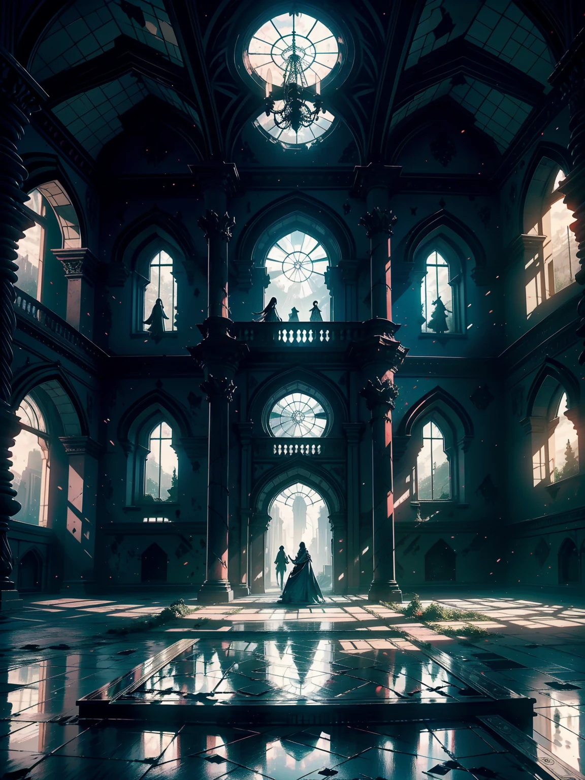 An interior view of a sprawling, abandoned castle reveals a majestic yet decaying environment. The grand halls and crumbling corridors are adorned with intricate stonework, broken stained glass windows, and weathered tapestries. The once-imposing architecture now shows signs of age and neglect, with collapsed arches, peeling paint, and overgrown vines that weave through the castle’s structure.

The castle’s opulence is still evident despite its ruin. Ornate archways, grand chandeliers, and elaborate stone carvings hint at its former glory. The vast, empty chambers are filled with a mix of shadow and faded light, creating a hauntingly beautiful atmosphere.

The interior is illuminated by a vibrant, surreal light that filters through a multitude of kaleidoscope windows and openings in the castle’s walls and ceilings. These windows feature an array of colorful kaleidoscope patterns, creating a dazzling display of shifting colors and geometric shapes. The kaleidoscope effect is abundant, with numerous windows scattered throughout the castle, each adding its own unique splash of color and intricate design to the scene.

The kaleidoscope windows cast a vivid, enchanting light across the ruins, transforming the dark, abandoned castle into a fantastical realm. The interplay of hues from the kaleidoscope patterns brightens the dim, shadowy spaces, creating a mesmerizing and magical effect. This vibrant light, combined with the castle’s ancient and crumbling beauty, enhances the atmosphere, making the ruined castle feel both mystical and otherworldly.
