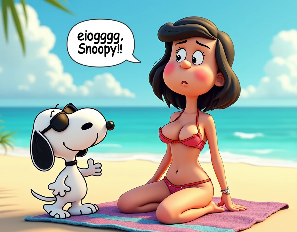 3D comic illustration, 8K,
The animated character Mafalda is topless on a towel on the beach (showing her breasts). Snoopy in sunglasses walks past her. Snoopy walks past Mafalda, Snoopy with a disgusted face, a comical speech bubble with the text "eegggggg, about Snoopy." Ultra detailed 3D illustration, Mafalda in a thong, Snoopy with sunglasses and with a disgusted face, Mafalda lying on the towel topless, Mafalda topless 8K illustration,