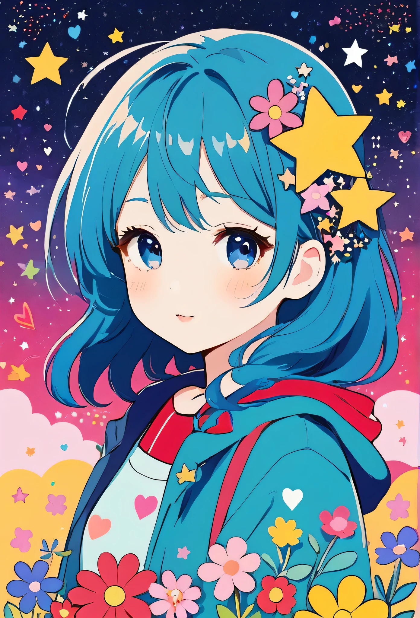 Mika Pikazo style, Simple Line Initialism,Abstract art,Kawaii Design, The most beautiful girl of all time、chibi, The background is star dust, colorful hearts, colorful flowers,