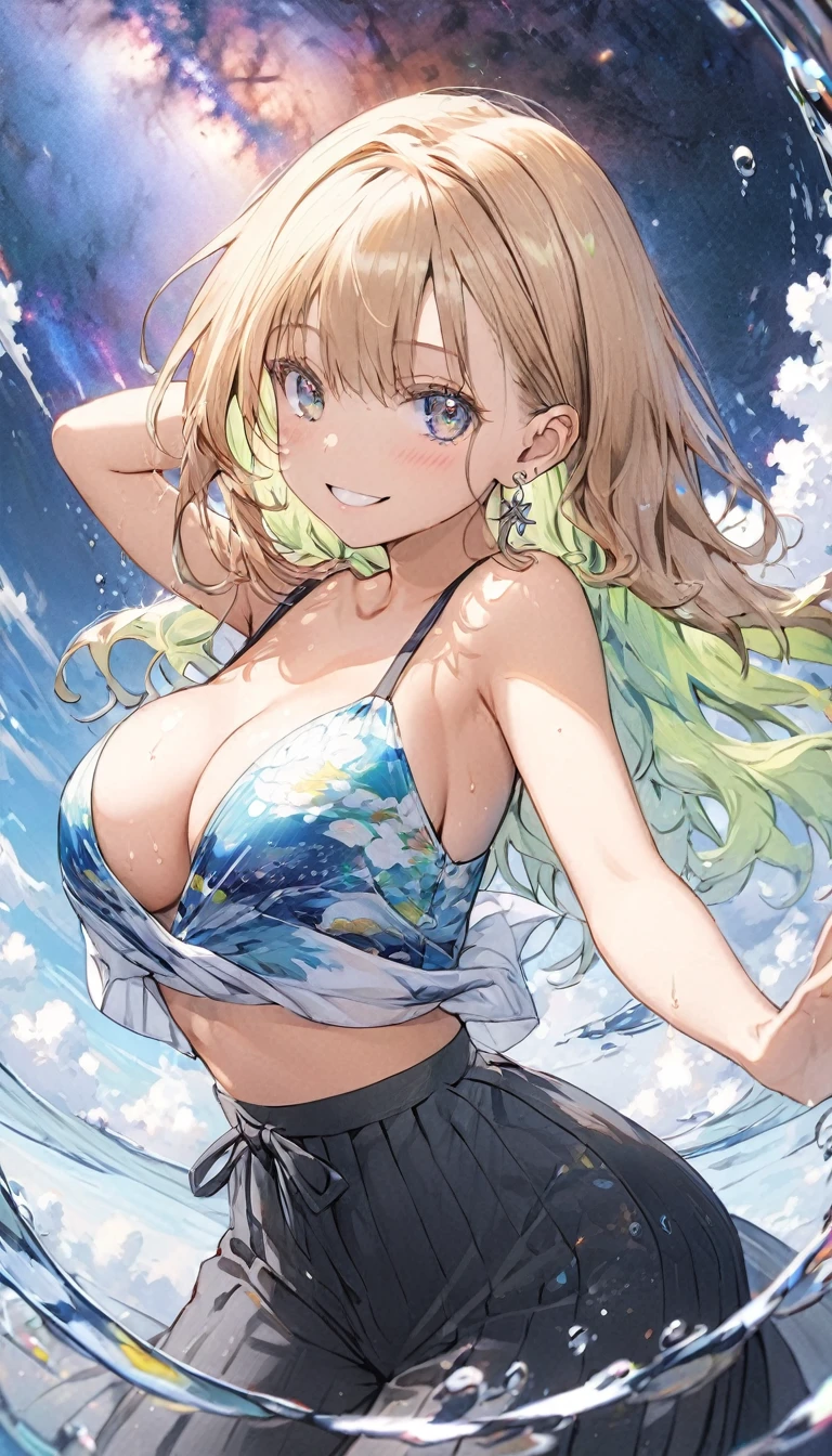 anime illustration, ((((highest quality)))), (((Ultra-precision CG 16K))), (((masterpiece))), BREAK skinny body, slender waist, medium Breasts, (((perky breasts))), ((sagging breasts)), (covered nipples), (((tanned skin, tan lines))) , BREAK (written in detail of face, smiling, blush, determined expression, sweaty , Heavy breathing, embarrassed, ) , (natural make), BREAK narrow eyes, (streaked hair, hair intakes, colored inner hair, ) BREAK (((wearing printed oversized clothing , wearing wide-leg-pants, breasts is covered by outfit, (detailed panty), Narrow aisles,))) , wearing earrings , BREAK ( stick breast out,) BREAK (( ripples , horizon , under the cosmic sky on the cosmic sea , cosmic effects, milky way, a girl blended into the background )), (((bustup shot, looking at viewer, extremely detailed eyes ))), BREAK ((cinematic , pinup magazine pose, dancing , scoop water with both hands
