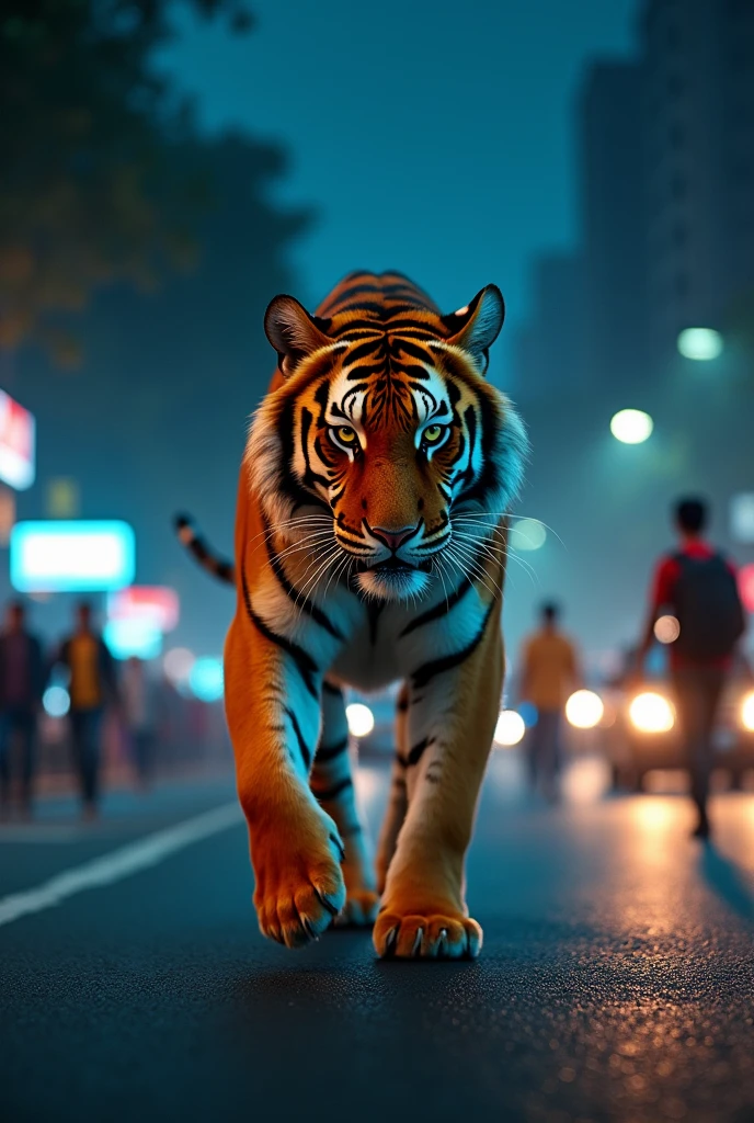 Indian bengol tiger walking at night on
road . People walking around blue and red light in Mumbai city