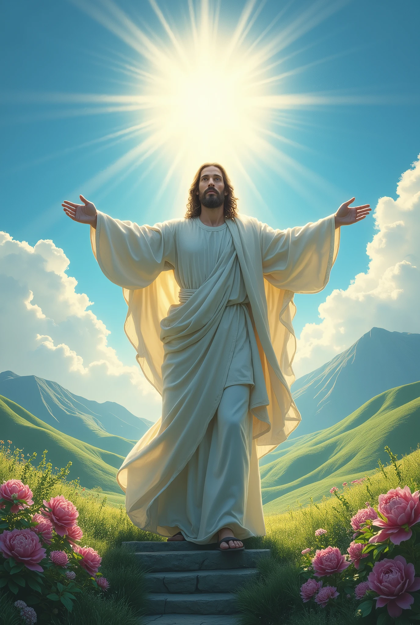 Our Lord Jesus Christ wins, triumphs against all types of evil and enemies of humanity, light, blue sky, white sun, green and flowery mountains