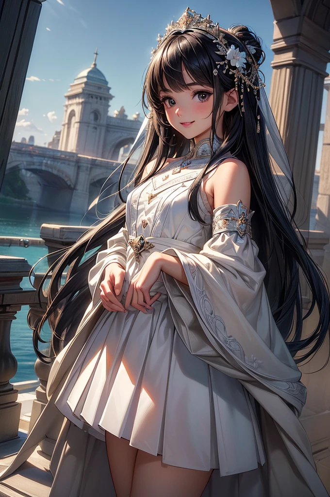 ((masterpiece, best quality, ultra-detailed, high resolution, extremely detailed CG, super detailed, Most beautiful clean lighting)), 1girl, small, young, cute girl, pretty face, smile, white skin, Beautiful black hair, straight hair, black eyes, kawaii, little body, divine garment, fantastic landscape, ultimate beauty