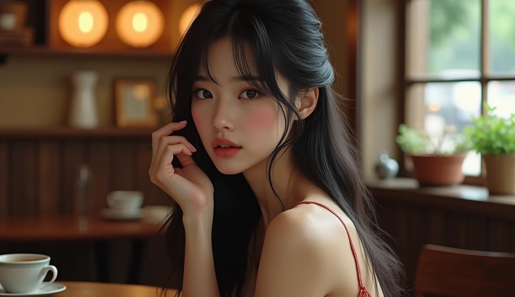 Pretty japanese woman, she has very beautiful long hair, She is at a coffee shop., with a seductive look, wearing a dress that makes her even more beautiful, detailded, photoshot_\( ultra\), photoshotrealisitic, realisitic, Post-processing, Maximum details, roughness, real-life, ultrarealisitic, photoshotrealism, photoshotgraphy, 8k hd, photoshotgraphy