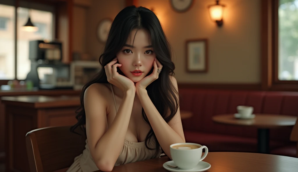 A sexy Japanese woman drinking coffee late at night under an electric light.、A close-up of her chest and calm expression.、It shows her inner peace and outer charm.。