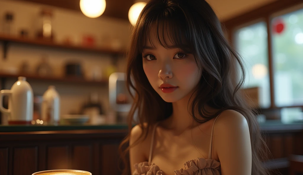 Pretty japanese woman, she has very beautiful long hair, She is at a coffee shop., with a seductive look, wearing a dress that makes her even more beautiful, detailded, photoshot_\( ultra\), photoshotrealisitic, realisitic, Post-processing, Maximum details, roughness, real-life, ultrarealisitic, photoshotrealism, photoshotgraphy, 8k hd, photoshotgraphy