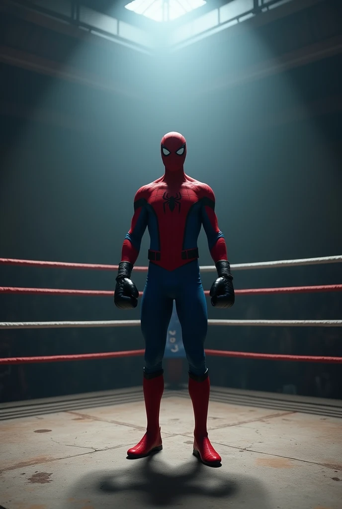 a boxing ring, spider man standing alone, wearing black boxing gloves