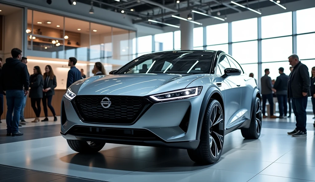 a clean showroom with lots of people, park a ((Nissan Xtrail Hybrid mixed with tesla)), with modern electric car design, image luck like real and room note a luxury
