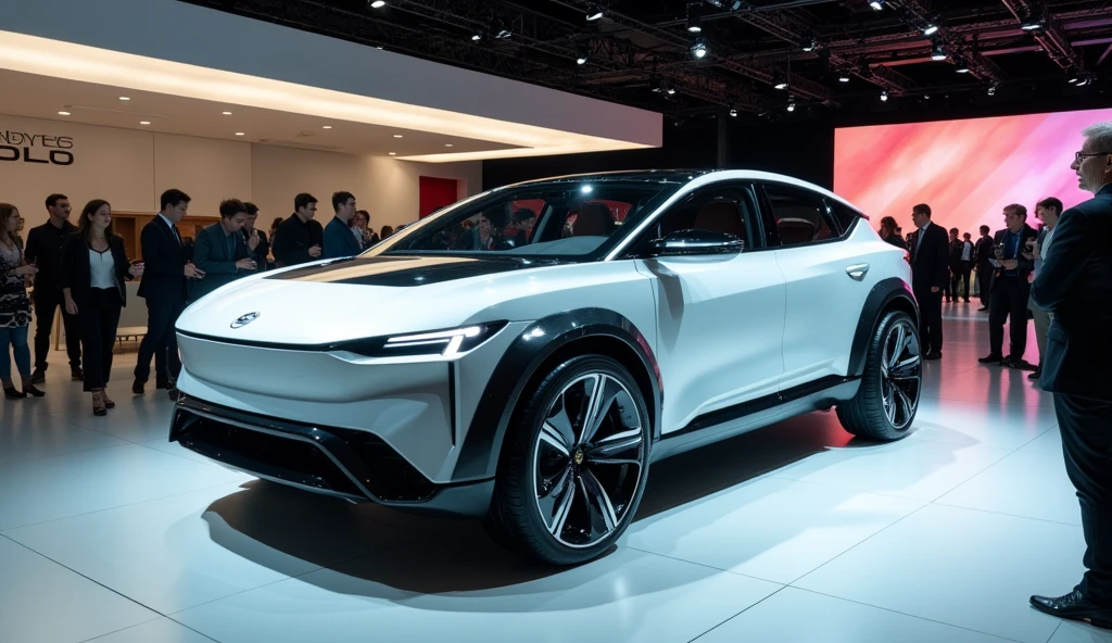 a clean showroom with lots of people, park a ((Nissan Xtrail Hybrid mixed with tesla)), with modern electric car design, image luck like real and room note a luxury