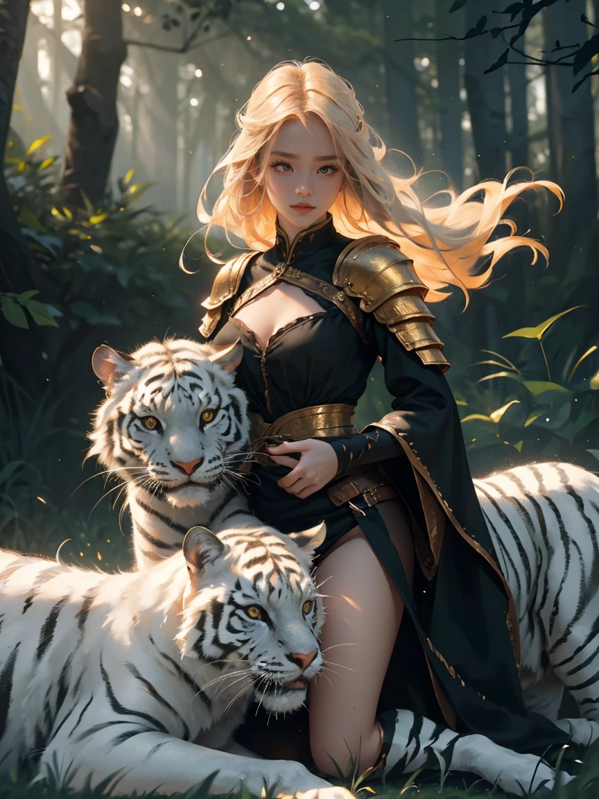 A beautiful and alluring warrior with flowing blonde hair stands confidently beside a majestic white tiger. Her radiant smile and intense gaze captivate all who behold her, embodying a sense of strength and sophistication. The intricate details of her armor and weaponry showcase her skill and elegance. Surrounding them, a lush and vibrant forest serves as the backdrop, with rays of sunlight filtering through the dense canopy, casting a gentle glow on the scene. The atmosphere is charged with a sense of adventure and mystery, with the distant sound of wildlife echoing through the air. This awe-inspiring image would be captured in a high-resolution photograph, allowing every intricate detail to be visible, while accentuating the vibrant colors and textures. The final piece would be reminiscent of a Renaissance painting, combining classical artistry with a modern twist.(Incredibly Detailed:1.1),(Incredibly cinematic:1.1),(High detail model:1.1),(Incredibly Realistic Tones:1.1),(Deep sharpness:1.1),(Incredibly realistic:1.1),(Image 32k:1.3),(Detailed middle ground:1.1),(Detailed background:1.1),(Fine detail:1.1),(Photo RAW:1.1),(Incredible Masterpiece:1.1),(Incredibly Detailed Face:1.1),expression of ecstasy,Sexy,erotic,(((NFSW,pussy))),,(((NFSW,pussy))),