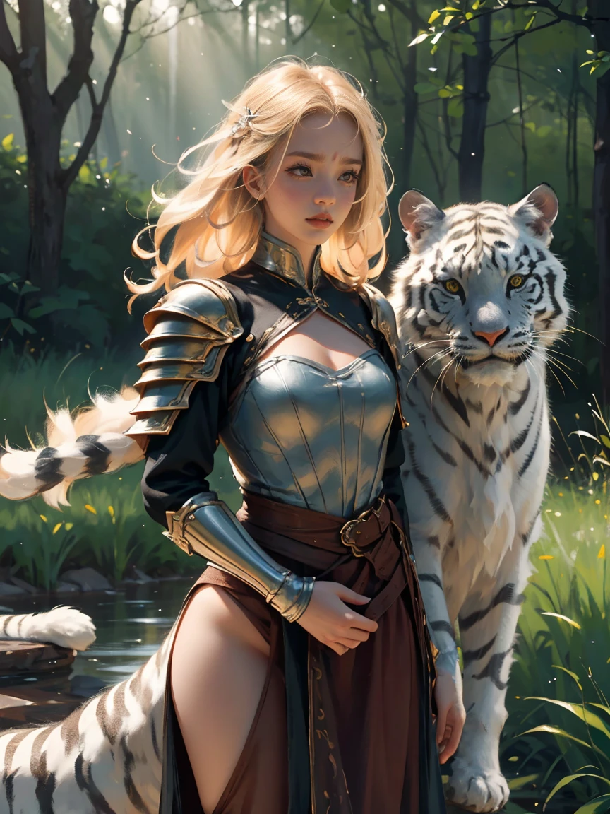 A beautiful and alluring warrior with flowing blonde hair stands confidently beside a majestic white tiger. Her radiant smile and intense gaze captivate all who behold her, embodying a sense of strength and sophistication. The intricate details of her armor and weaponry showcase her skill and elegance. Surrounding them, a lush and vibrant forest serves as the backdrop, with rays of sunlight filtering through the dense canopy, casting a gentle glow on the scene. The atmosphere is charged with a sense of adventure and mystery, with the distant sound of wildlife echoing through the air. This awe-inspiring image would be captured in a high-resolution photograph, allowing every intricate detail to be visible, while accentuating the vibrant colors and textures. The final piece would be reminiscent of a Renaissance painting, combining classical artistry with a modern twist.(Incredibly Detailed:1.1),(Incredibly cinematic:1.1),(High detail model:1.1),(Incredibly Realistic Tones:1.1),(Deep sharpness:1.1),(Incredibly realistic:1.1),(Image 32k:1.3),(Detailed middle ground:1.1),(Detailed background:1.1),(Fine detail:1.1),(Photo RAW:1.1),(Incredible Masterpiece:1.1),(Incredibly Detailed Face:1.1),expression of ecstasy,Sexy,erotic,(((NFSW,pussy))),,(((NFSW,pussy))),