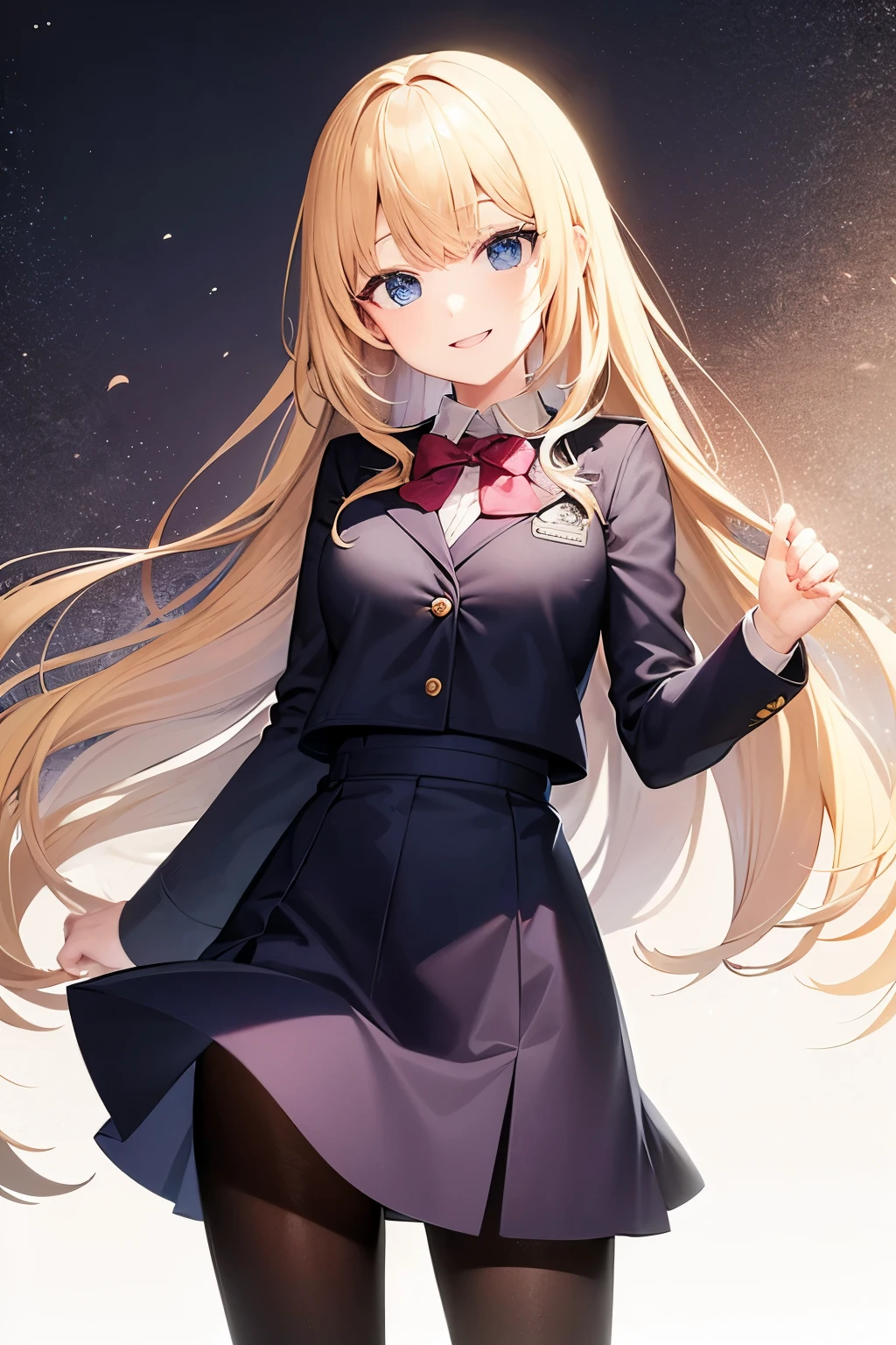 modest girl in school uniform, blonde, static pose, smiling, full-length on a white background