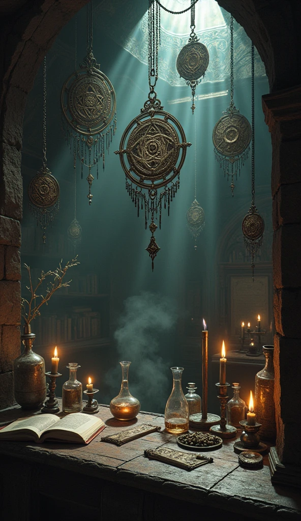 The camera pans to show metallic symbols hanging from the ceiling, adding to the alchemical atmosphere.