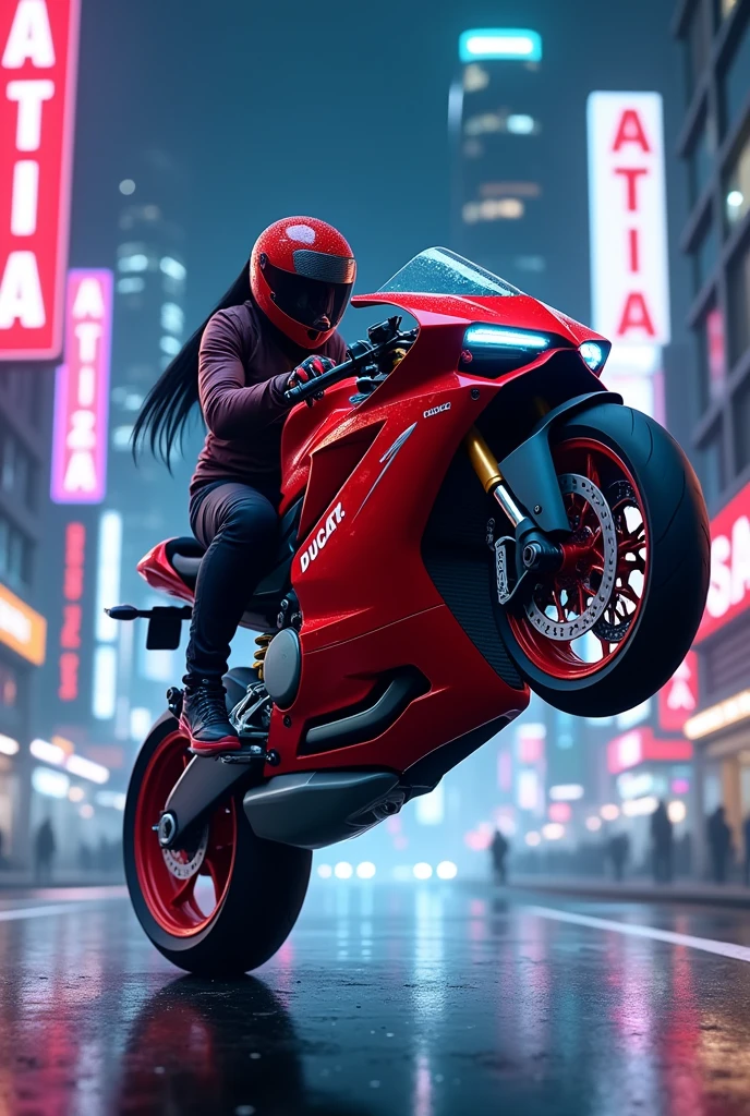 Ducati panigale v4r with wheelie boy (anime) is riding and a girl (anime) is sitting behind him realistic neon light in cyberpunk city cinematic in background "ALTIZA" is written in bold text 
