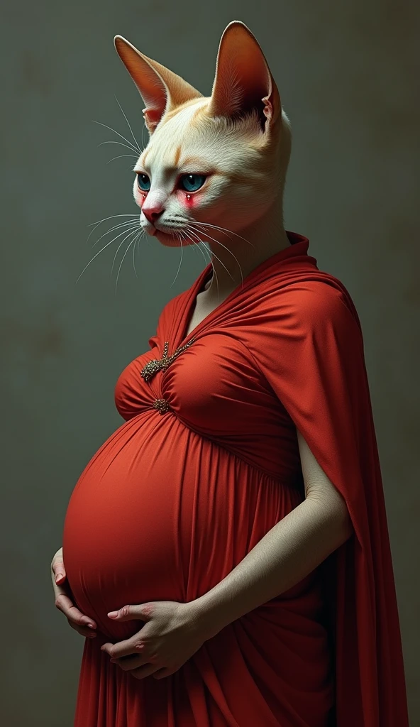 A humanoid havana pragnant cat wearing a red saree. She is crying