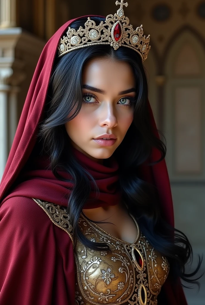 Elegant armor, princess, Full body, wearing a hijab, luxurious crown, blue eyes, black hair, all around, (red silver hijab), tmasterpiece, The best of the best quality, High resolution, 8K,((Portrait)),(top body), Real photo, real photo, digital photography, (Medieval angel princess in fantasy style), sexy princess, blue eyes, super colossal breasts, luxurious ornaments pointy colossal breasts, separated lips, Keep your mouth shuegant and charming,( (Blushing )), virgin humiliation, Quiet and handsome, (Medieval fantasy dress, super big beautiful pointed breasts, small waist, perfect colossal breasts of the princess body, blue delicate pattern, red robe), (century fantasy style anhelic princess character mid, oc provides reflection texture, sexy style, sexy colossal breasts, medieval castle background, slim body, very small waist, (erect nipples see through the dress) see-through white long dress nipples, super slim, sexy style, angel wings 4