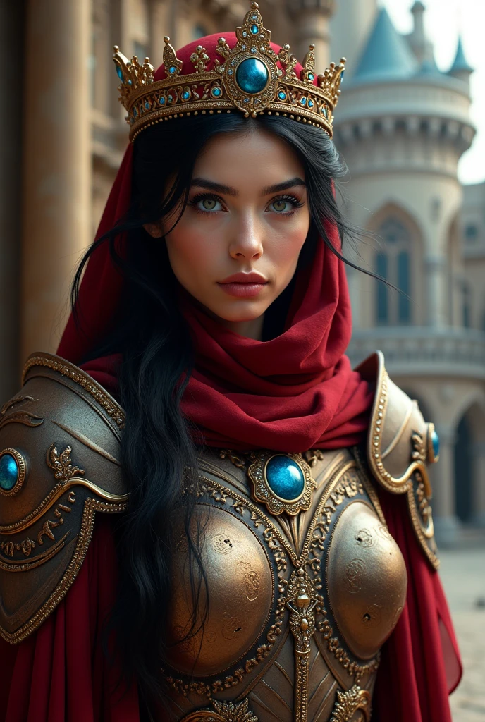 Elegant armor, princess, Full body, wearing a hijab, luxurious crown, blue eyes, black hair, all around, (red silver hijab), tmasterpiece, The best of the best quality, High resolution, 8K,((Portrait)),(top body), Real photo, real photo, digital photography, (Medieval angel princess in fantasy style), sexy princess, blue eyes, super colossal breasts, luxurious ornaments pointy colossal breasts, separated lips, Keep your mouth shuegant and charming,( (Blushing )), virgin humiliation, Quiet and handsome, (Medieval fantasy dress, super big beautiful pointed breasts, small waist, perfect colossal breasts of the princess body, blue delicate pattern, red robe), (century fantasy style anhelic princess character mid, oc provides reflection texture, sexy style, sexy colossal breasts, medieval castle background, slim body, very small waist, (erect nipples see through the dress) see-through white long dress nipples, super slim, sexy style, angel wings 4