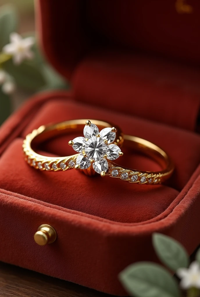 pair of gold-colored wedding and engagement rings in a velvet box, the men's ring is simple, however, it matches the women's ring. The women's ring has a shiny minimalist diamond stone reminiscent of a flower and around it a very soft and delicate braided finish with small diamonds. The word is engraved inside the rings. "AKAI TO"