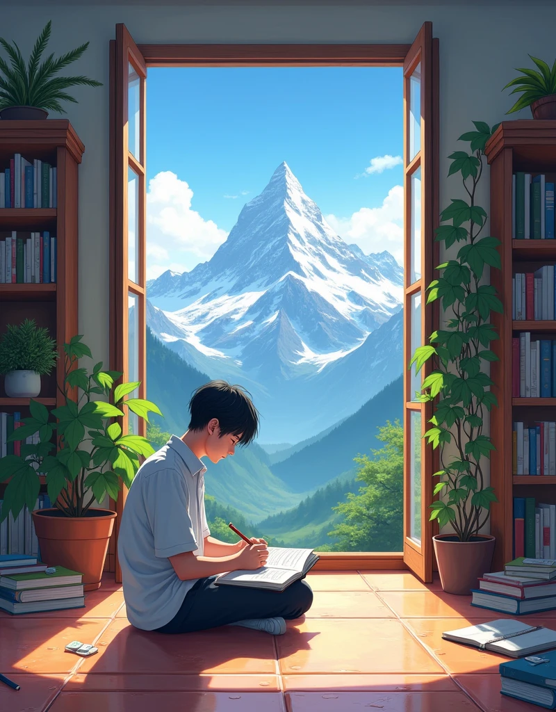 Create a anime style landscape image. Digital illustration featuring a serene indoor scene with a young man sitting on the floor near a large open window. The window reveals a breathtaking view of a mountain landscape under a bright blue sky with scattered clouds. The young man has short, dark hair and is dressed in a white shirt and dark pants. He is engrossed in writing or drawing in a notebook. The room is filled with natural light, highlighting the wooden bookshelves filled with books and potted plants that line the walls. The floor is tiled in a warm terracotta color, and additional books and plants are scattered around the young man, adding to the cozy and peaceful atmosphere of the scene.