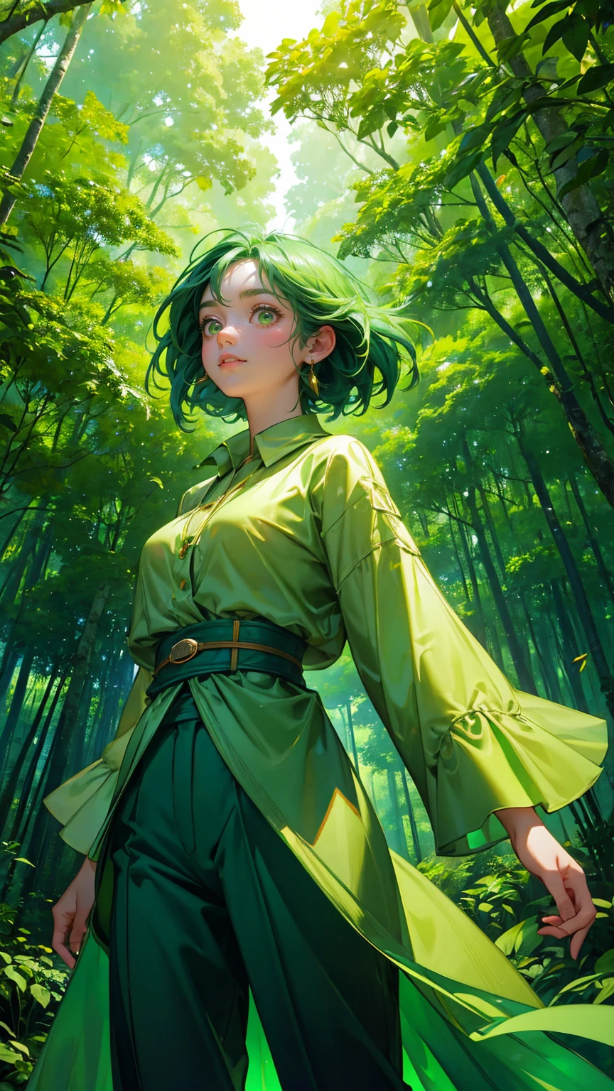 all gree A beautiful, cute girl with wide, excited eyes, standing in a lush, vibrant green jungle. She is wearing a green outfit—a casual green shirt with rolled-up sleeves and matching green pants. Her expression is filled with awe and excitement as she looks up with her hands reaching out to the sky. Around her, golden cryptocurrency coins are falling from above, glowing brightly against the dense, green backdrop of towering trees and thick foliage. The entire scene is saturated in various shades of green, from the trees and leaves to her clothing, creating an atmosphere of abundance and wonder in a magical, money-filled forest