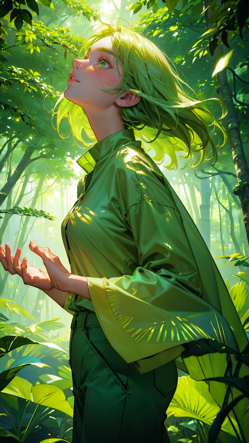 all gree A beautiful, cute girl with wide, excited eyes, standing in a lush, vibrant green jungle. She is wearing a green outfit—a casual green shirt with rolled-up sleeves and matching green pants. Her expression is filled with awe and excitement as she looks up with her hands reaching out to the sky. Around her, golden cryptocurrency coins are falling from above, glowing brightly against the dense, green backdrop of towering trees and thick foliage. The entire scene is saturated in various shades of green, from the trees and leaves to her clothing, creating an atmosphere of abundance and wonder in a magical, money-filled forest