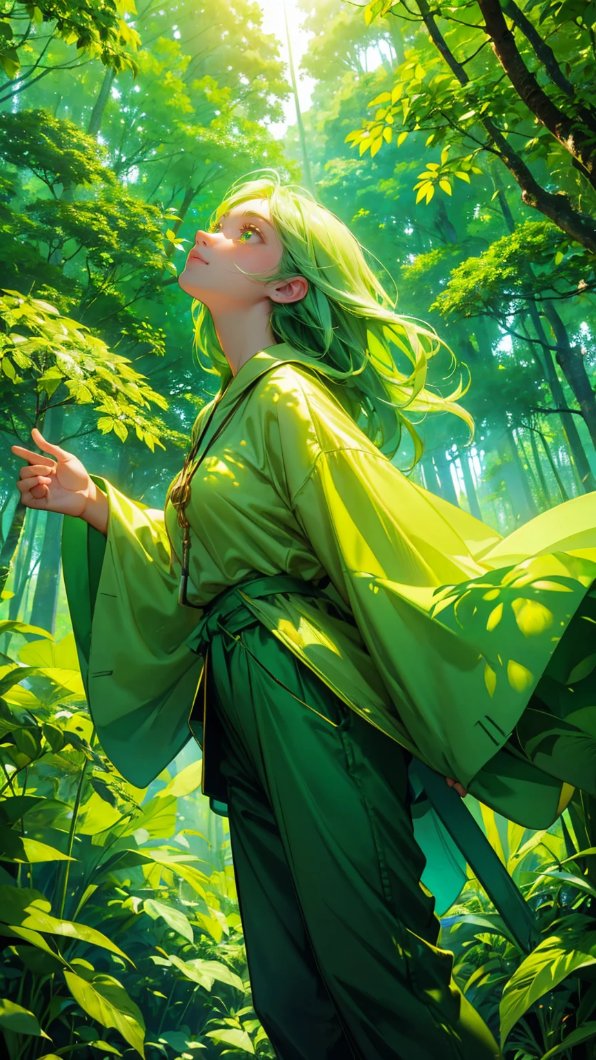 all gree A beautiful, cute girl with wide, excited eyes, standing in a lush, vibrant green jungle. She is wearing a green outfit—a casual green shirt with rolled-up sleeves and matching green pants. Her expression is filled with awe and excitement as she looks up with her hands reaching out to the sky. Around her, golden cryptocurrency coins are falling from above, glowing brightly against the dense, green backdrop of towering trees and thick foliage. The entire scene is saturated in various shades of green, from the trees and leaves to her clothing, creating an atmosphere of abundance and wonder in a magical, money-filled forest
