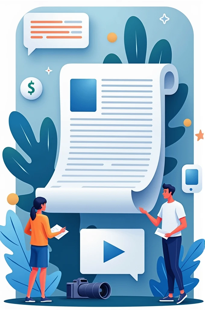Create a rectangular card with shades of blue and white and elements that refer to the written press, journalists, video editors, Camera, printed newspaper, text correctors