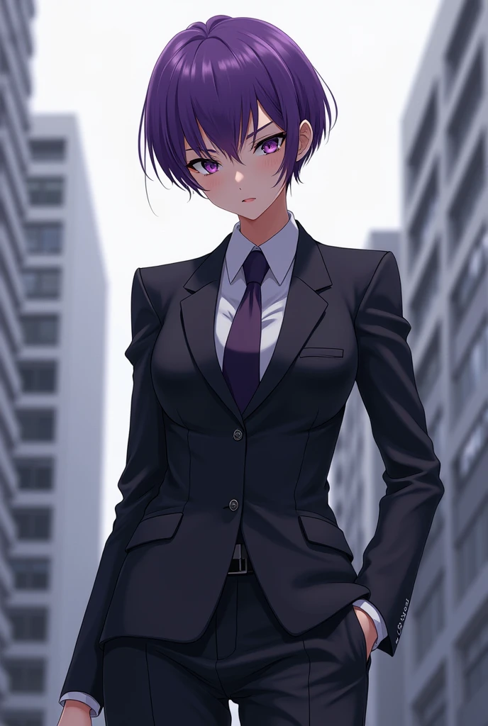 Anime girl with very short hair and purple hair wearing a suit