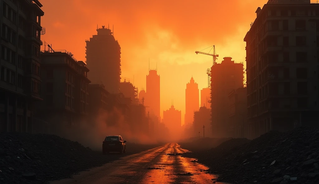 A photo of a large city at dusk, with a catastrophic shadow of darkness. dust, casting a strange orange hue over the city. Buildings are silhouetted against the orange sky, with some partially collapsed.The streets are empty, with rubble strewn about. The overall atmosphere is dark and apocalyptic.