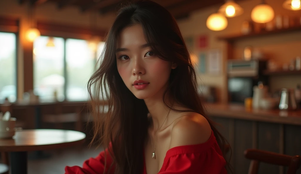 Pretty japanese woman, she has very beautiful long hair, She is at a coffee shop., with a seductive look, wearing a pretty red dress, detailded, photoshot_\( ultra\), photoshotrealisitic, realisitic, Post-processing, Maximum details, roughness, real-life, ultrarealisitic, photoshotrealism, photoshotgraphy, 8k hd, photoshotgraphy