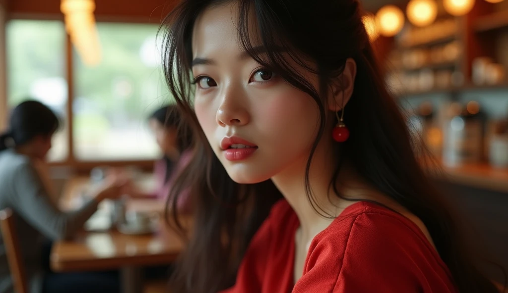 Pretty japanese woman, she has very beautiful long hair, She is at a coffee shop., with a seductive look, wearing a pretty red dress, detailded, photoshot_\( ultra\), photoshotrealisitic, realisitic, Post-processing, Maximum details, roughness, real-life, ultrarealisitic, photoshotrealism, photoshotgraphy, 8k hd, photoshotgraphy